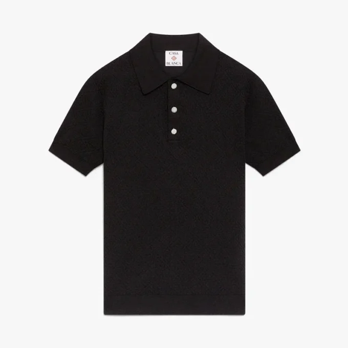 Black Pointelle Monogram Short Sleeve Polo Shirt Black Pointelle Monogram Short Sleeve Polo Shirt