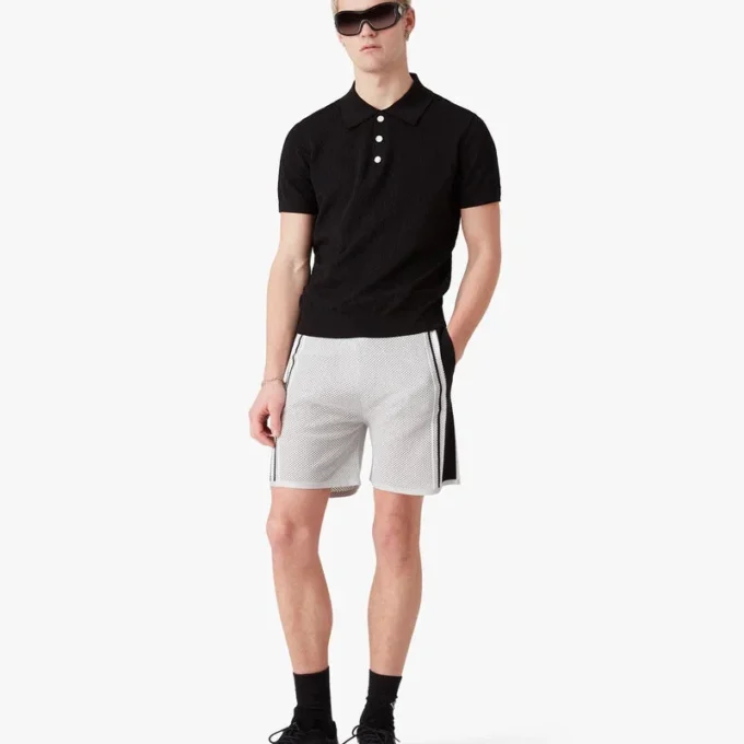 Black Pointelle Monogram Short Sleeve Polo Shirt Black Pointelle Monogram Short Sleeve Polo Shirt