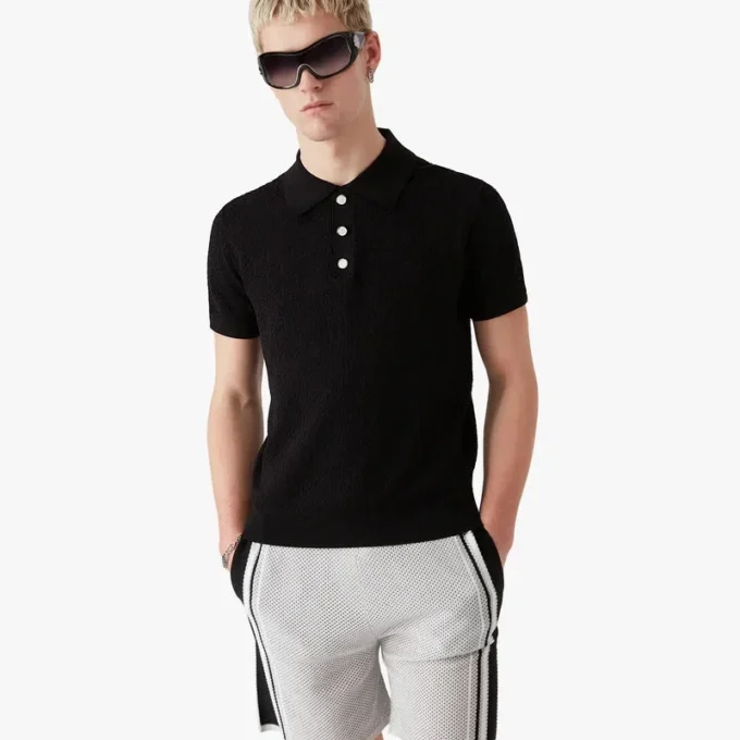 Black Pointelle Monogram Short Sleeve Polo Shirt Black Pointelle Monogram Short Sleeve Polo Shirt