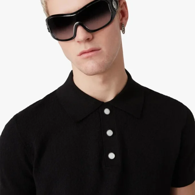 Black Pointelle Monogram Short Sleeve Polo Shirt Black Pointelle Monogram Short Sleeve Polo Shirt