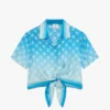 Blue Gradient Monogram Knotted Cropped Silk Shirt Blue Gradient Monogram Knotted Cropped Silk Shirt