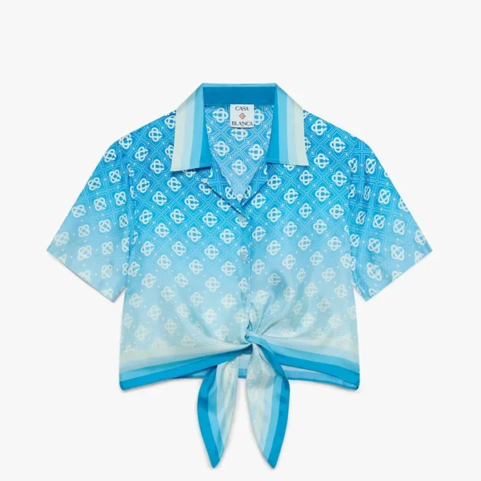 Blue Gradient Monogram Knotted Cropped Silk Shirt Blue Gradient Monogram Knotted Cropped Silk Shirt