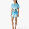 Blue Gradient Monogram Knotted Cropped Silk Shirt Blue Gradient Monogram Knotted Cropped Silk Shirt
