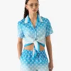 Blue Gradient Monogram Knotted Cropped Silk Shirt Blue Gradient Monogram Knotted Cropped Silk Shirt