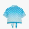 Blue Gradient Monogram Knotted Cropped Silk Shirt Blue Gradient Monogram Knotted Cropped Silk Shirt