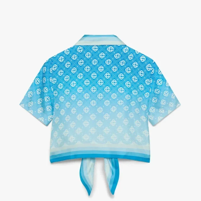 Blue Gradient Monogram Knotted Cropped Silk Shirt Blue Gradient Monogram Knotted Cropped Silk Shirt