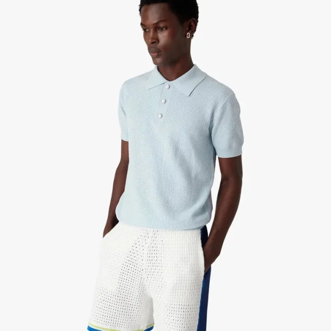 Blue Pointelle Monogram Short Sleeve Polo Shirt Blue Pointelle Monogram Short Sleeve Polo Shirt