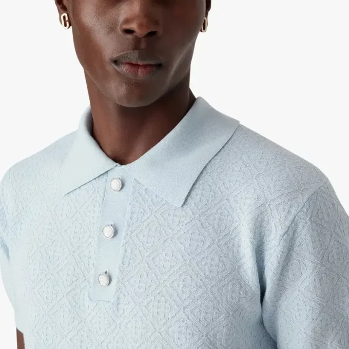 Blue Pointelle Monogram Short Sleeve Polo Shirt Blue Pointelle Monogram Short Sleeve Polo Shirt