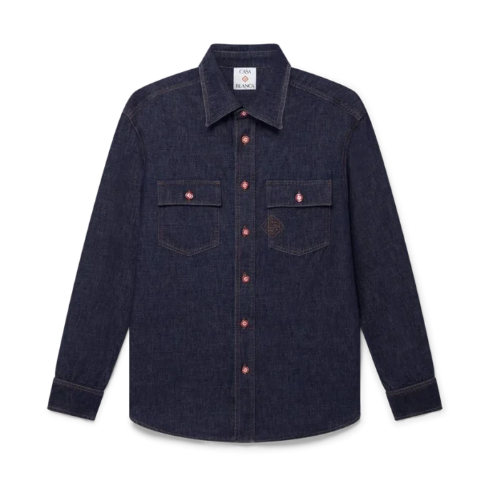 Denim Short Sleeve Shirt with Logo Embroidery Denim Short Sleeve Shirt with Logo Embroidery