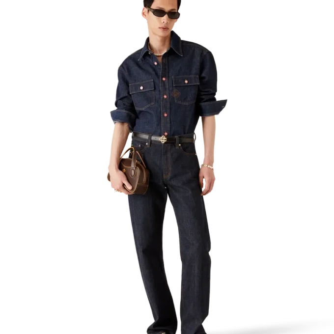 Denim Short Sleeve Shirt with Logo Embroidery Denim Short Sleeve Shirt with Logo Embroidery