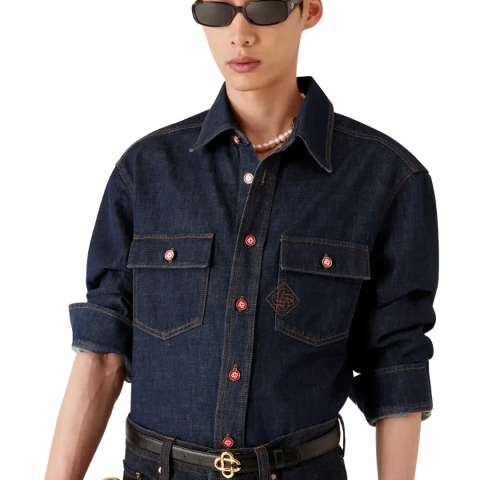 Denim Short Sleeve Shirt with Logo Embroidery Denim Short Sleeve Shirt with Logo Embroidery