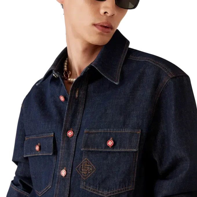 Denim Short Sleeve Shirt with Logo Embroidery Denim Short Sleeve Shirt with Logo Embroidery