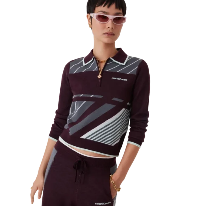 Diagonal Tennis Merino Long Sleeve Polo Shirt