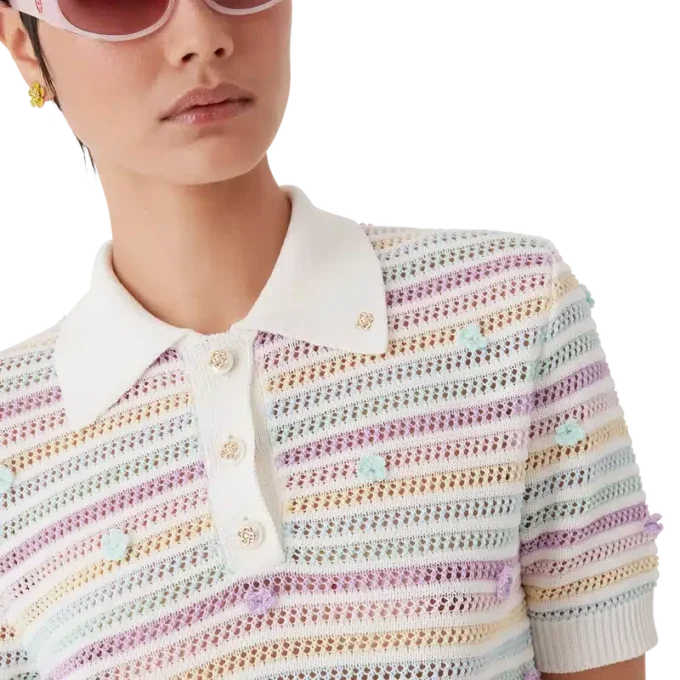 Flower Stripe Cotton Crochet Polo