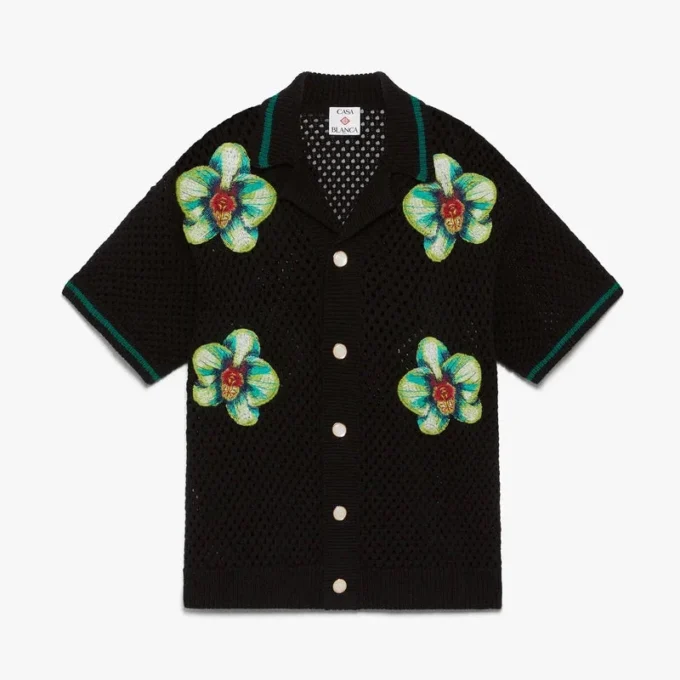 Glitch Orchid Embroidered Short Sleeve Crochet Shirt Glitch Orchid Embroidered Short Sleeve Crochet Shirt