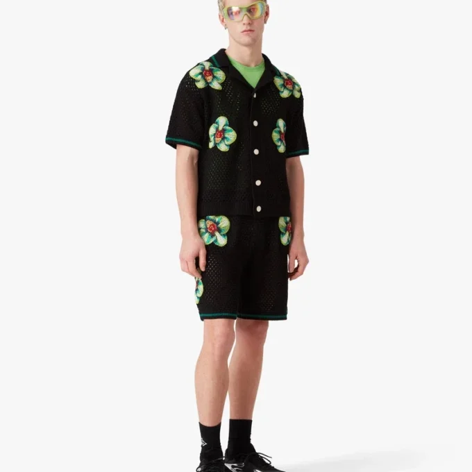 Glitch Orchid Embroidered Short Sleeve Crochet Shirt Glitch Orchid Embroidered Short Sleeve Crochet Shirt