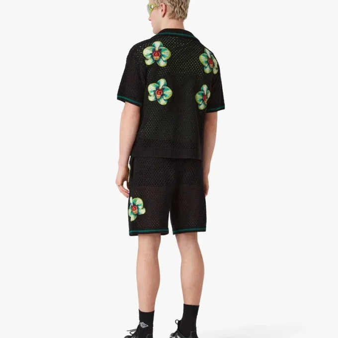 Glitch Orchid Embroidered Short Sleeve Crochet Shirt Glitch Orchid Embroidered Short Sleeve Crochet Shirt