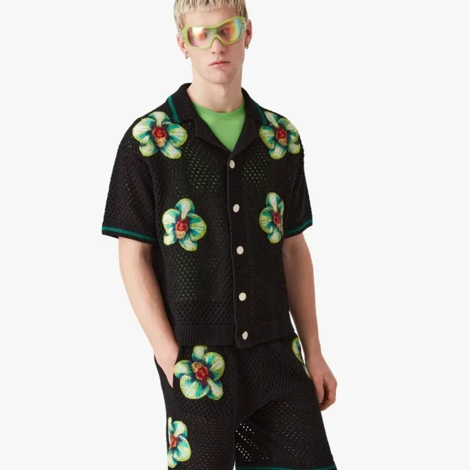 Glitch Orchid Embroidered Short Sleeve Crochet Shirt Glitch Orchid Embroidered Short Sleeve Crochet Shirt
