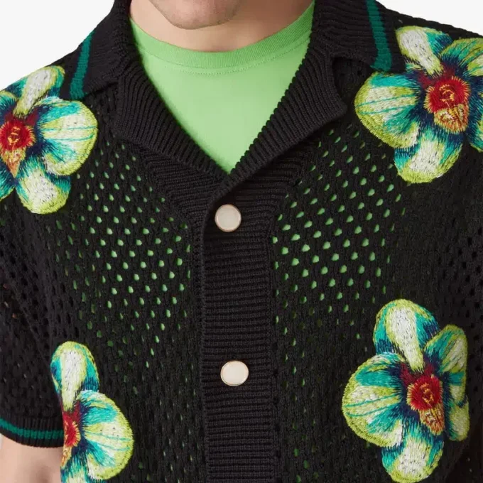 Glitch Orchid Embroidered Short Sleeve Crochet Shirt Glitch Orchid Embroidered Short Sleeve Crochet Shirt