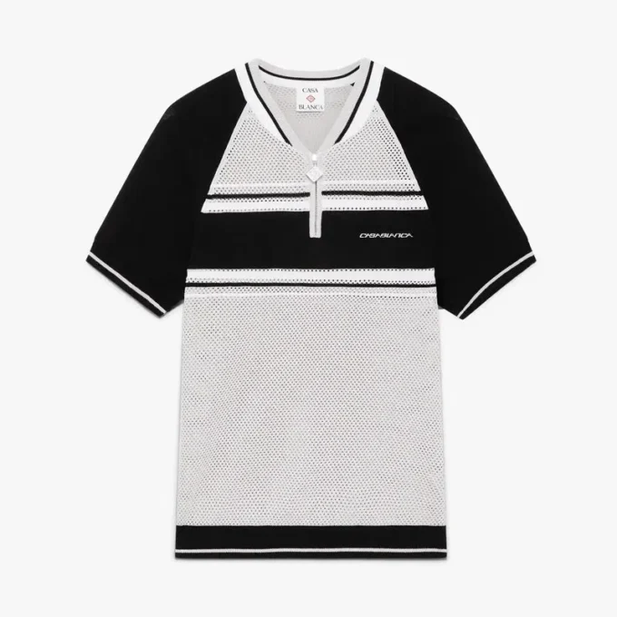 Metallic Mesh Stripe Zip Short Sleeve Polo Shirt Metallic Mesh Stripe Zip Short Sleeve Polo Shirt