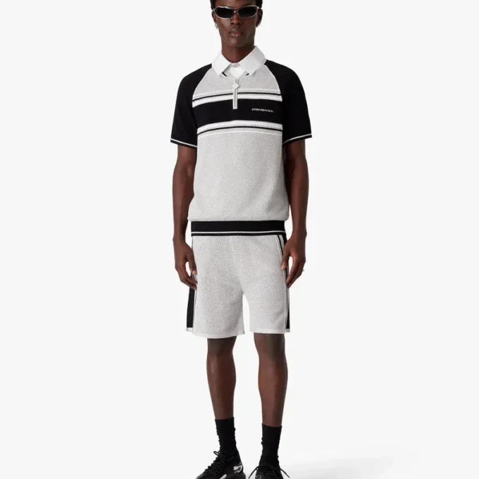 Metallic Mesh Stripe Zip Short Sleeve Polo Shirt Metallic Mesh Stripe Zip Short Sleeve Polo Shirt