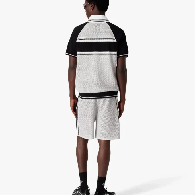 Metallic Mesh Stripe Zip Short Sleeve Polo Shirt Metallic Mesh Stripe Zip Short Sleeve Polo Shirt