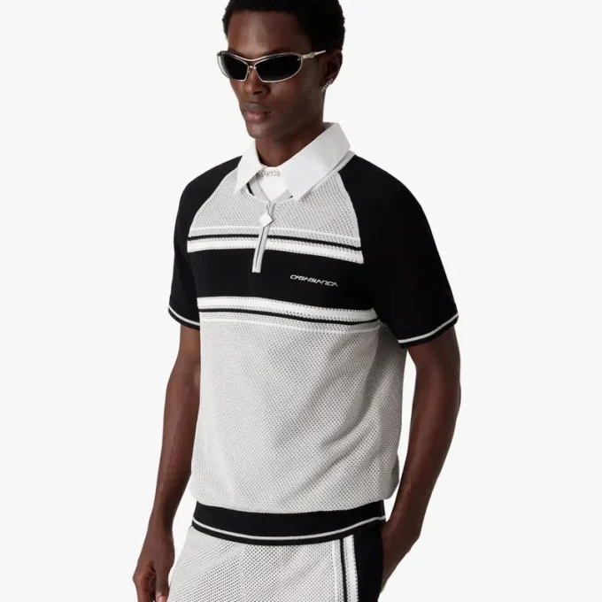Metallic Mesh Stripe Zip Short Sleeve Polo Shirt Metallic Mesh Stripe Zip Short Sleeve Polo Shirt