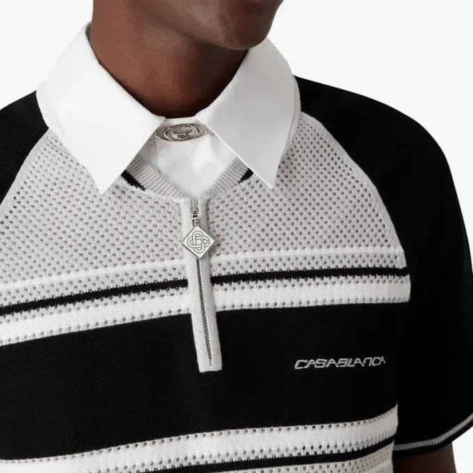 Metallic Mesh Stripe Zip Short Sleeve Polo Shirt Metallic Mesh Stripe Zip Short Sleeve Polo Shirt
