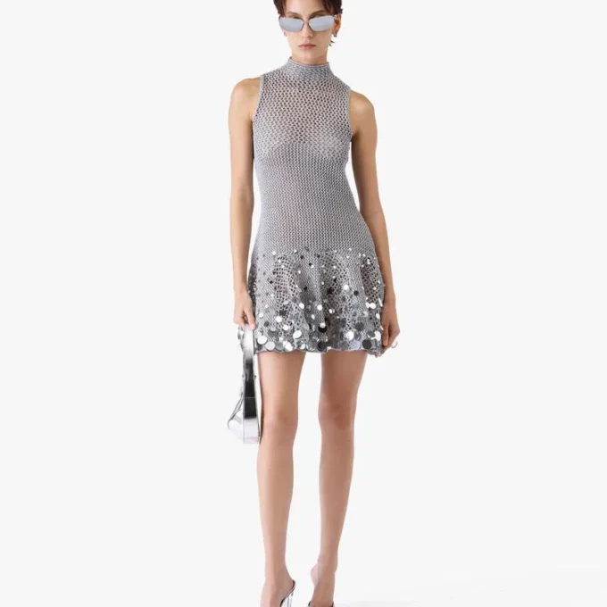 Silver Crochet Mirror Mini Dress