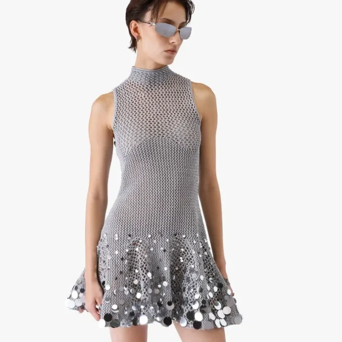 Silver Crochet Mirror Mini Dress