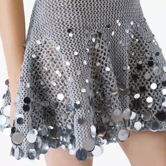 Silver Crochet Mirror Mini Dress