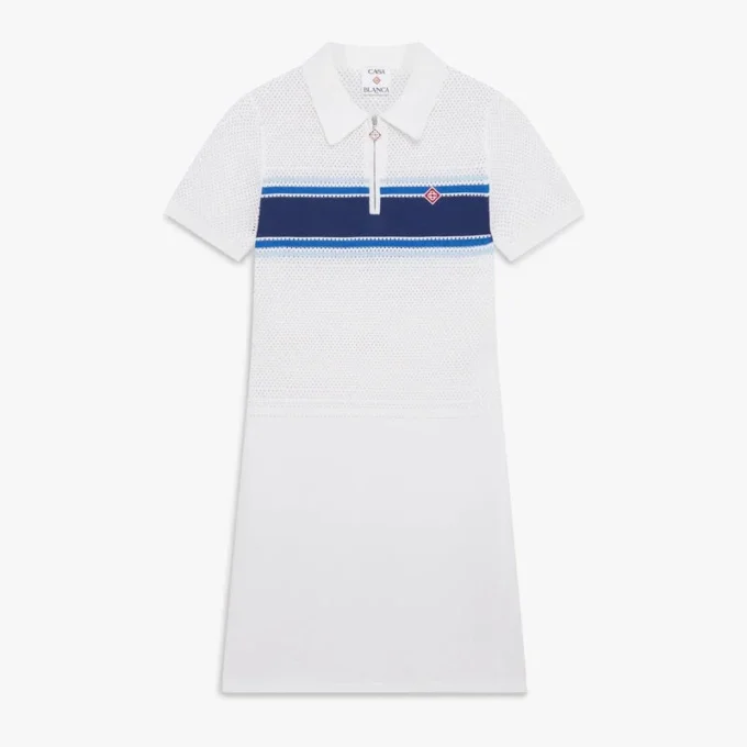 White & Blue Striped Mesh Midi Dress