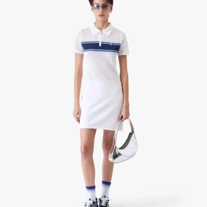 White & Blue Striped Mesh Midi Dress