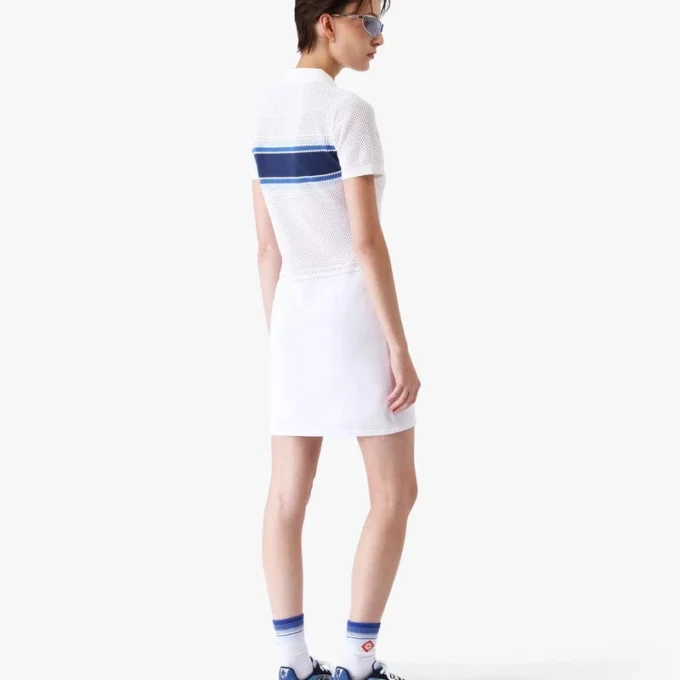 White & Blue Striped Mesh Midi Dress