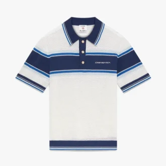 White & Blue Striped Mesh Short Sleeve Polo Shirt White & Blue Striped Mesh Short Sleeve Polo Shirt