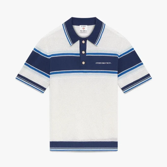 White & Blue Striped Mesh Short Sleeve Polo Shirt White & Blue Striped Mesh Short Sleeve Polo Shirt