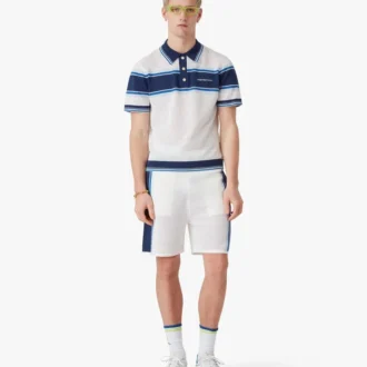 White & Blue Striped Mesh Short Sleeve Polo Shirt White & Blue Striped Mesh Short Sleeve Polo Shirt