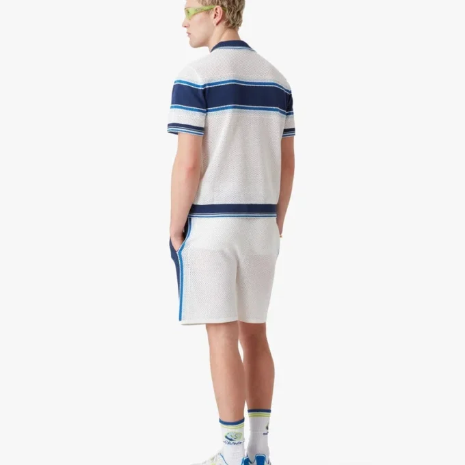 White & Blue Striped Mesh Short Sleeve Polo Shirt White & Blue Striped Mesh Short Sleeve Polo Shirt
