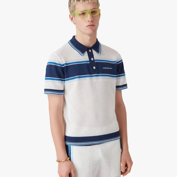 White & Blue Striped Mesh Short Sleeve Polo Shirt White & Blue Striped Mesh Short Sleeve Polo Shirt