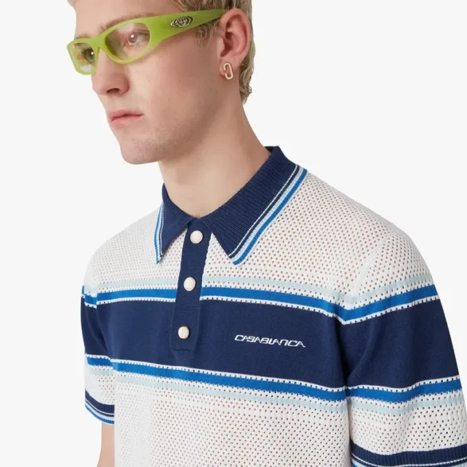 White & Blue Striped Mesh Short Sleeve Polo Shirt White & Blue Striped Mesh Short Sleeve Polo Shirt