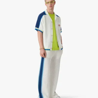 White & Blue Striped Mesh Track Pants