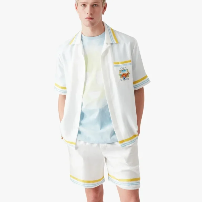 White Tennis Landscape Short Sleeve Silk Shirt White Tennis Landscape Short Sleeve Silk Shirt