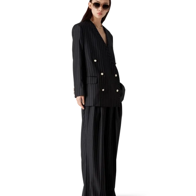 Wool Pinstripe Triple Pleat Tailored Trousers Wool Pinstripe Triple Pleat Tailored Trousers